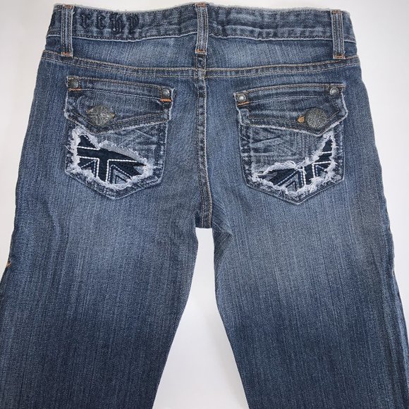 MONARCHY WOMENS SIZE 24 DISTRESSED FLARED BLUE JEANS WITH FANCY BUTTONS - Picture 1 of 6